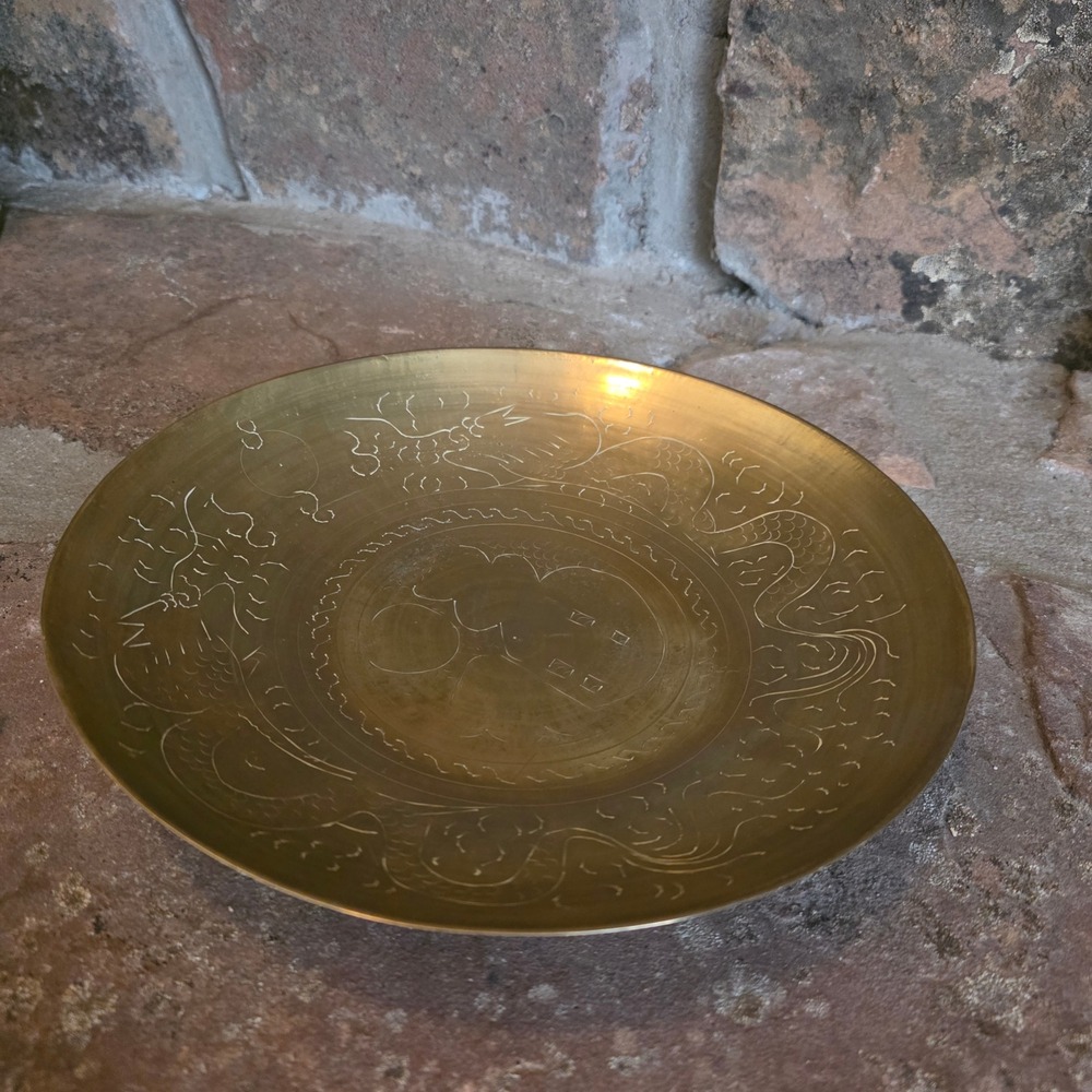 Vintage Etched Brass Dragon Phoenix Bowl Shallow Dish China 9.75 Inch Gold